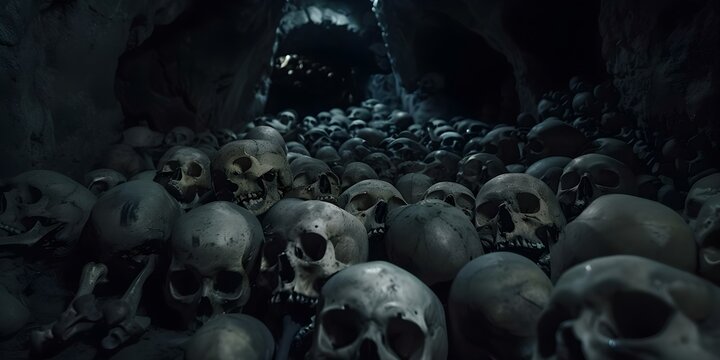 The title remains the same "Ancient crypt with piles of human skulls and bones in dark catacombs". Concept Dark Catacombs, Human Skulls, Ancient Crypt, Spooky Atmosphere