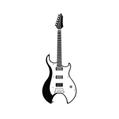 Naklejka premium Stringed musical instrument logo illustration, electric guitar silhouette suitable for music stores and communities