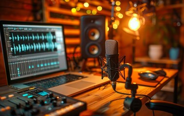 Microphone and audio production tools on the desktop, podcast program recording, live broadcast tools, recording, DJ production, music program production