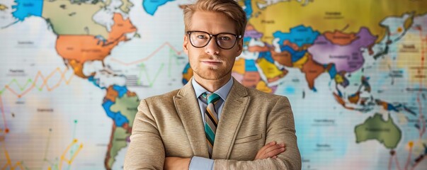 Serious man with world map and diagrams