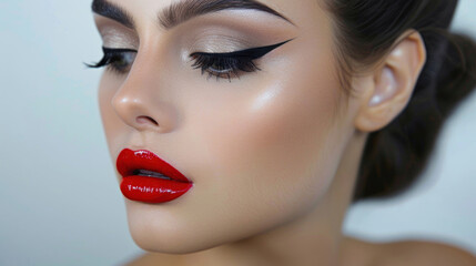 Glamorous makeup look with bold red lipstick and winged eyeliner