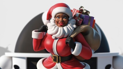 A santa claus holding a bag of presents in front of an object, AI