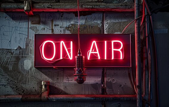 The "on air" logo made of red light tubes in a punk style. Podcast program list, podcast cover material