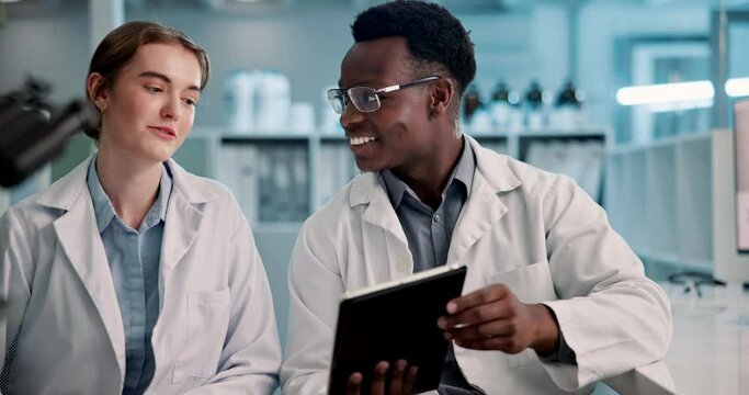 Science, team and discussion on tablet in laboratory for training on data analysis and pharmaceutical research. Scientist, intern and future knowledge on medical problem solving and medicine support