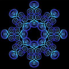 Abstract pattern in the form of a beautiful blue snowflake on a black background