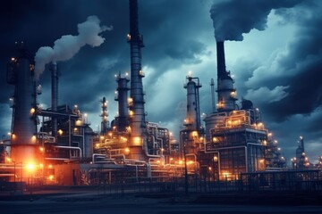 Fototapeta premium Air pollution smoke from oil refinery with tower and pipeline.