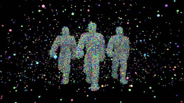 Three funny human figures consisting of colorful balls are walking and throwing balls in different directions on a black background. Walking animated people. Animation 3d. Repeat seamless loop
