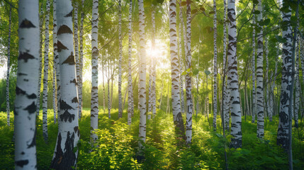 Grove of birch trees with white bark and green leaves under the sun