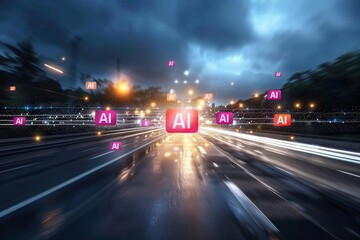 AI Sign on Busy Highway at Night, Digital Innovation, Modern Technology, Futuristic Urban Setting, High Tech Transportation