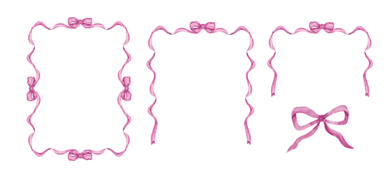 Pink frames set of watercolor ribbon and bow