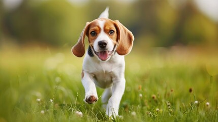 Adorable young beagle dog playing in the meadow