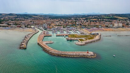 Aerial view of the sea and the velvet beach of Senigallia in the province of Ancona Marche
