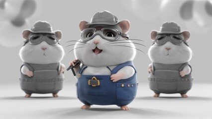 Obraz premium A group of three animated characters wearing hats and glasses, AI