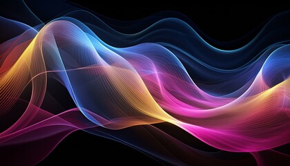 Intricately flowing pink blue yellow waves on black background. Smooth curvy shape fluid background. Transparent smooth wave. Colored smoke whiffs and swirls. AI generative