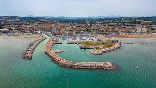 Aerial view of the sea and the velvet beach of Senigallia in the province of Ancona Marche