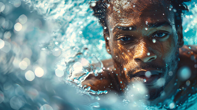 A young African American man diving into a sparkling pool.