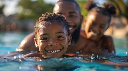 Obraz premium An African American family enjoying a day at the pool, with parents teaching their children how to swim.