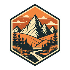 Hiking view sticker design, vintage retro-style front view mountain and forest illustration for t-shirt design