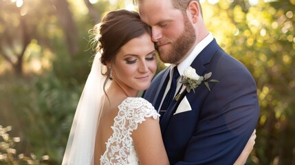 The bride and groom embrace