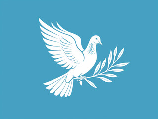 Obraz premium Flat illustration of white dove, symbol of peace, on plain blue background for copy space.