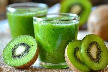 Revitalizing kiwi smoothie in glass with fresh slices on white background, perfect treat
