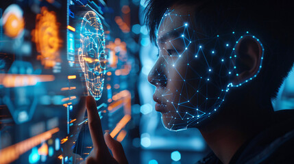 A man interacting with a holographic screen displaying biometric data and facial recognition features.