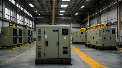 Generator room with two generators in factory standby for power backup, Diesel generator