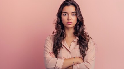 Fototapeta premium Portrait of a stern woman with arms crossed on a pink studio backdrop, embodying female empowerment, leadership, and visionary thinking in Canada.