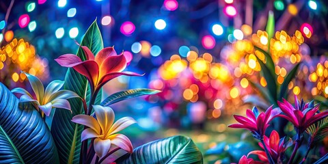 Vibrant tropical flowers illuminated by neon lights with shiny bokeh in the background, neon lights, tropical, flowers