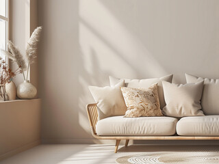 A beige Scandinavian settee with patterned pillows enhances the stylish living room interior