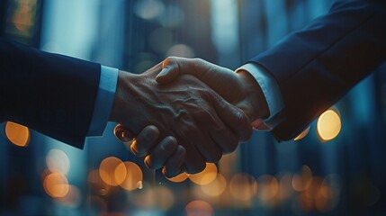 Business partners shaking hands in the evening, downtown city lights, successful deal

