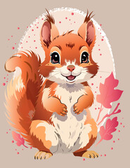Cute squirrel with splashes of colors on the light blue background 