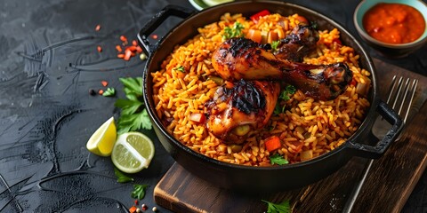 Experience the flavors of traditional West African Jollof rice and grilled chicken in a taste adventure. Concept West African Cuisine, Jollof Rice, Grilled Chicken, Flavors, Taste Adventure