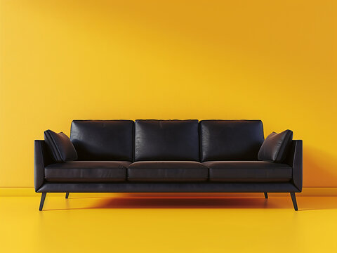 Vibrant ambiance black sofa contrasts with yellow room