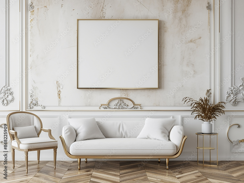 Wall mural minimalistic interior blank white frame, white-gold sofa, armchair