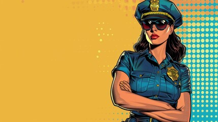 Vector illustration of female police officer. Comic book.