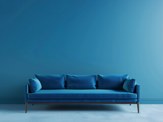 Fototapeta premium A mock-up 3D rendering presents a blue sofa against a matching blue wall