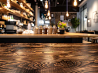 Obraz premium A blurred background depicts a modern kitchen with wooden countertops