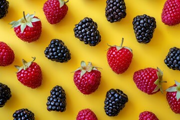 Vibrant berry flat lay on yellow background with raspberries, blackberries, and strawberries