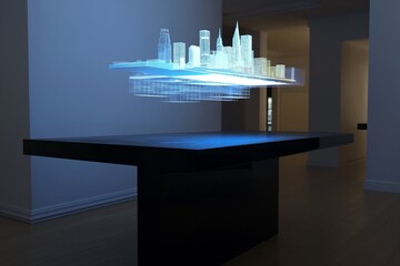 A holographic 3D model of a futuristic cityscape floating above a sleek black table in a dimly lit room, showcasing advanced urban planning.