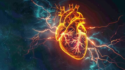 Glowing human heart 3D over dark background
