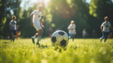 Fototapeta premium Playing soccer in a sunny park, focus on, team sport, vibrant, fusion, green field backdrop