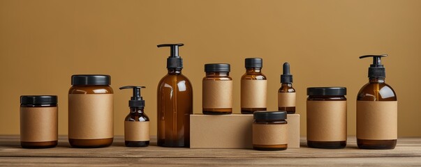 Set of amber glass bottles with blank labels