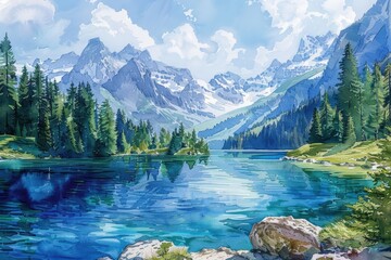A breathtaking view of a serene mountain lake surrounded by lush green pine trees and snow-capped peaks under a clear blue sky.
