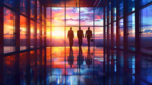 tres empresarios caminando por la oficina al atardecer empresa y corporativo dentro de un edificio con grandes ventanales asisitiendo a una junta de negocios