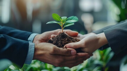 Eco-conscious growth demands partnerships, symbolized by joined hands planting a seedling in fertile soil.