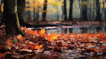 Obraz premium Autumn leaves in a colorful forest, selective focus, seasonal change, realistic, blend mode, woodland trail backdrop