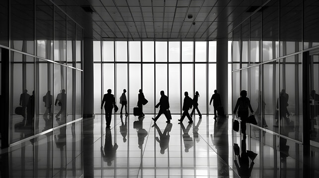 personas trabajando caminando por los pasillos de una empresa de un corporativo con grandes ventanales empelados en el trabajo 