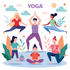 International Yoga Day. Set Yoga poses set with letters and plants. Vector illustration.