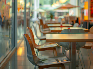 Soft focus captures chairs and tables in a mall restaurant